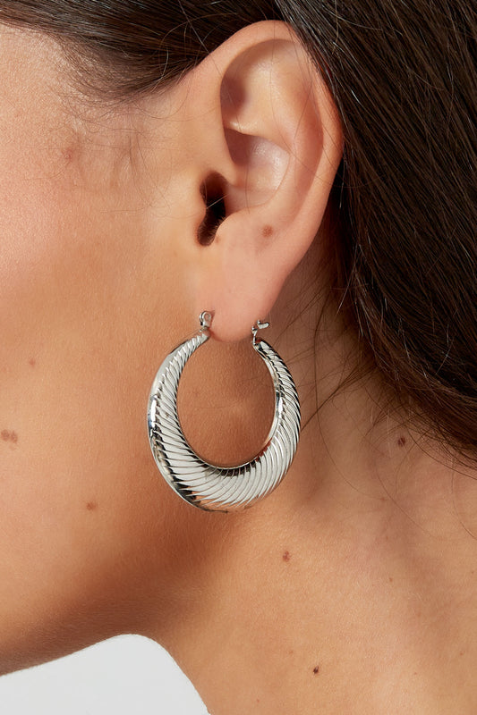 Grote ronde oorbellen met streep detail - zilver