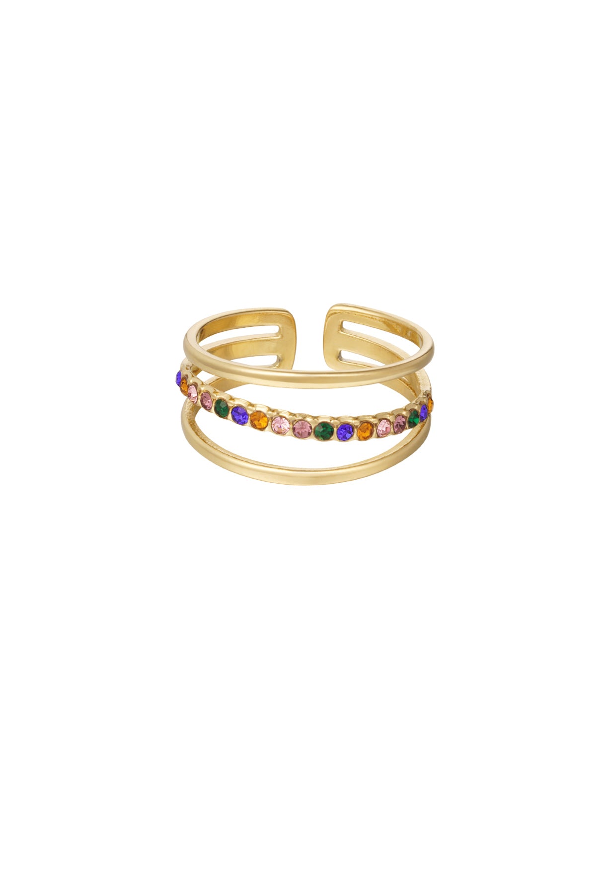 Three-layer ring with colored row of stones - gold