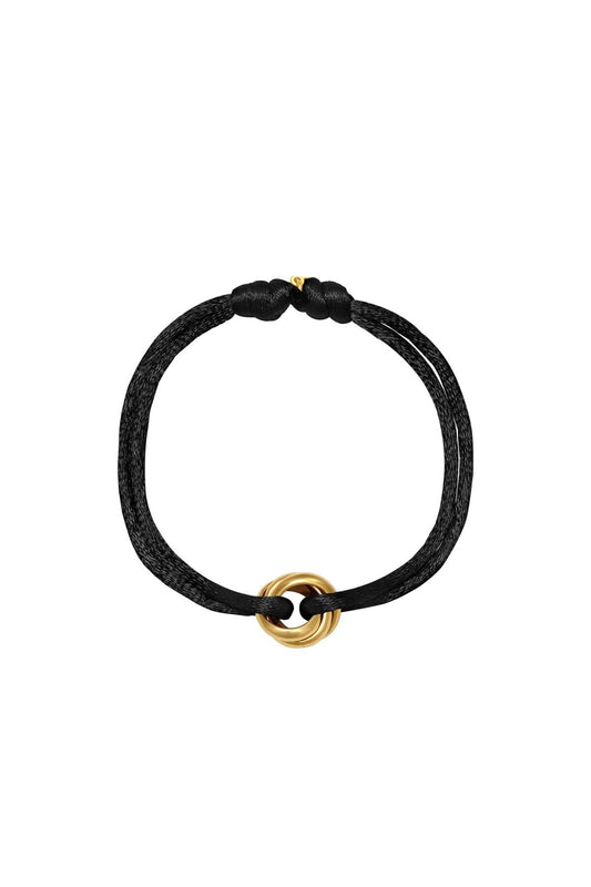Satijnen armband met knoop bedel - goud/zwart