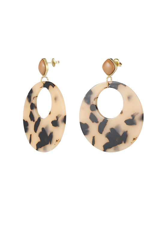 Oorbellen met ronde hanger en print detail - beige