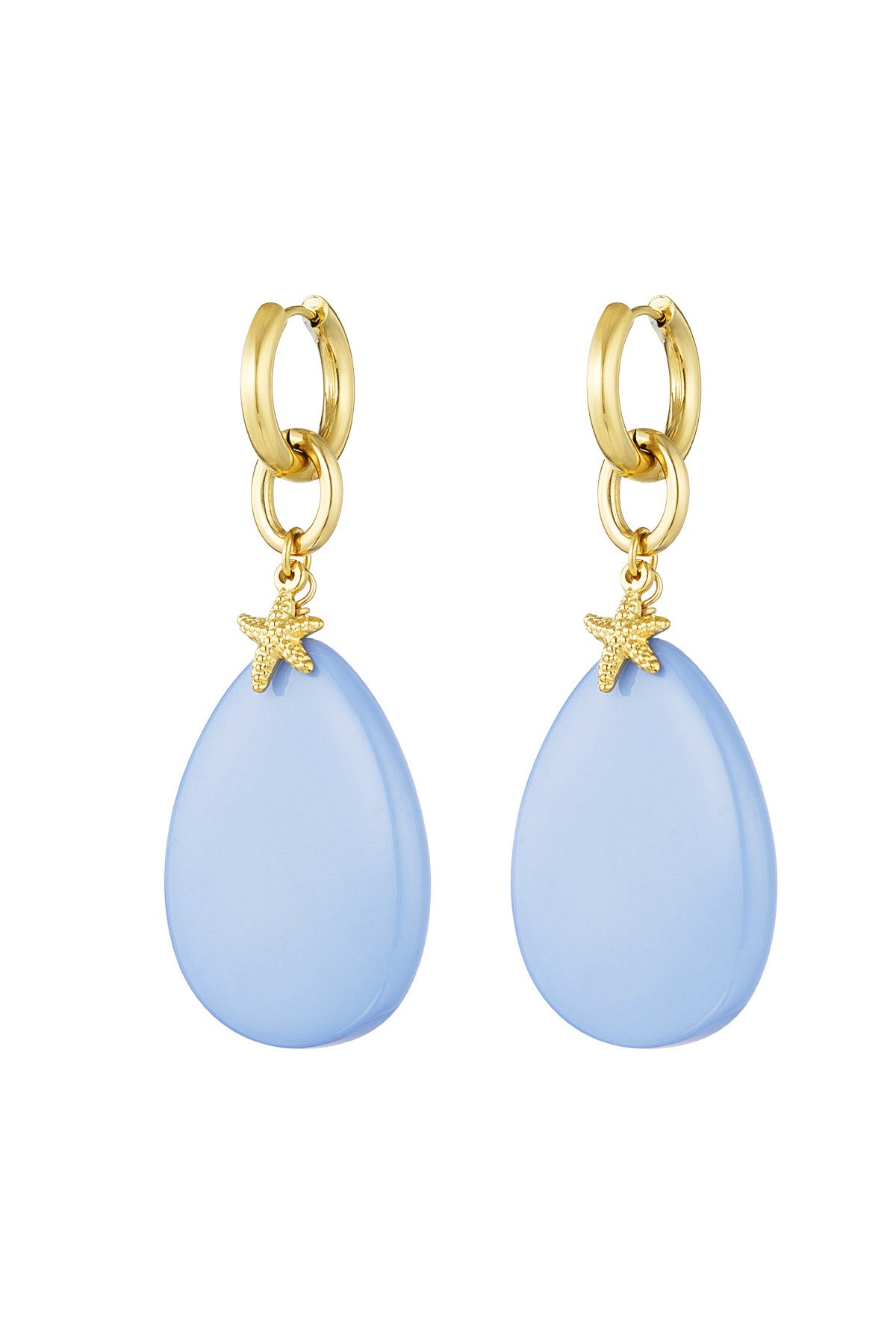 Oorbellen met ovalen hanger en zeester bedel - blauw/goud