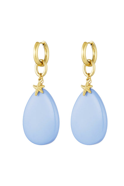 Oorbellen met ovalen hanger en zeester bedel - blauw/goud
